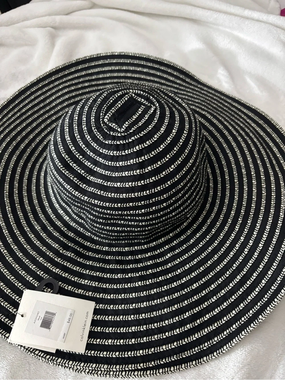 Calvin Klein Black and White Striped Wide-Brim Sun Hat